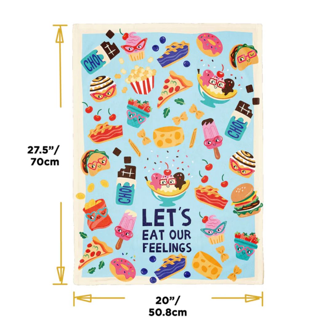 Tea towel with food illustrations and text 'Let's eat our feelings' on a blue background, with dimensions displayed.