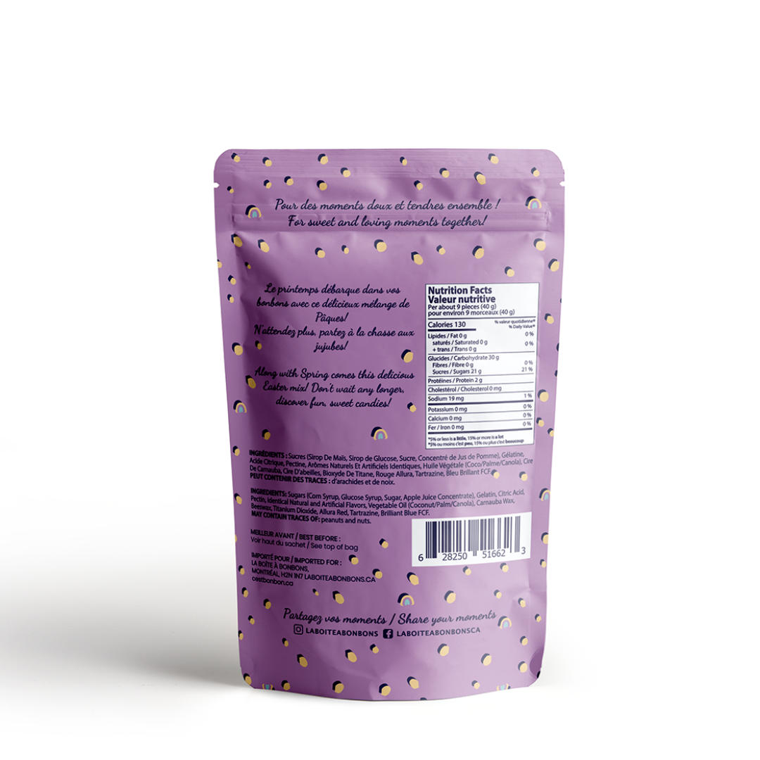 Purple pet food packaging with text and a barcode on a white background
