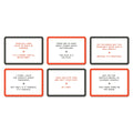 Set of six humorous cards with text and red borders on a white background