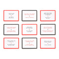 Nine rectangular cards arranged in a 3x3 grid on a white background. Each card has a thin border in red, black, or white, with black or red text containing humorous quotes.