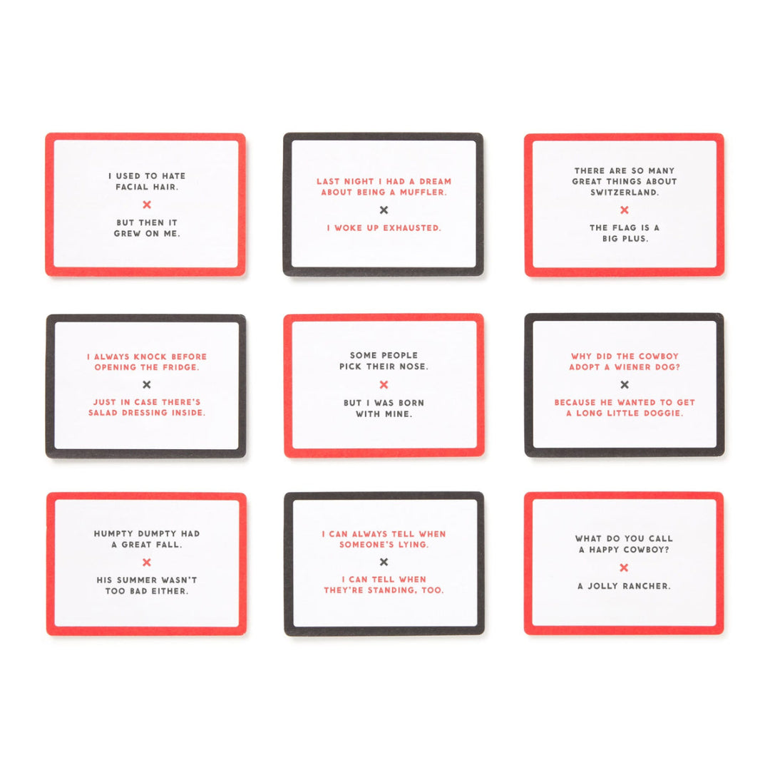 Nine rectangular cards arranged in a 3x3 grid on a white background. Each card has a thin border in red, black, or white, with black or red text containing humorous quotes.