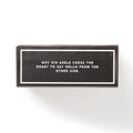 A rectangular black box with white text reading 'WHY DID ADELE CROSS THE ROAD? TO SAY HELLO FROM THE OTHER SIDE.' on a clean white background.
