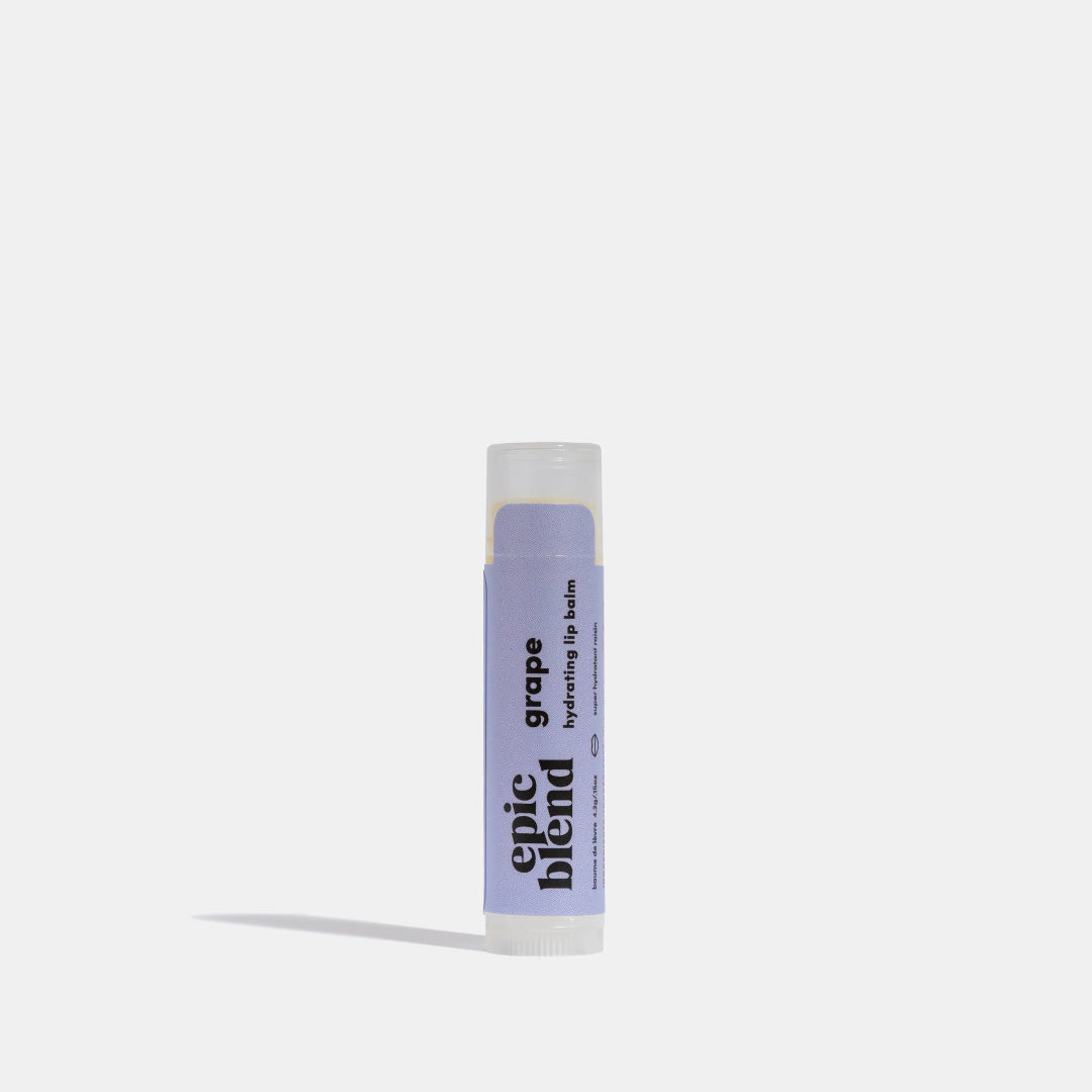 Lip balm with 'epic blend' branding on a white background