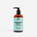 An amber plastic pump bottle of Epic Blend Spearmint Lemon Hand Wash with a light blue label. The label specifies "spearmint lemon + chamomile extract" and "hand wash".