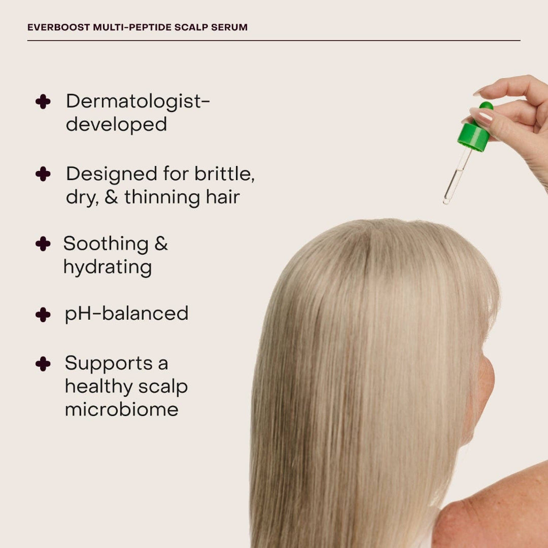 Person applying Everboost Multi-Peptide Scalp Serum to hair with text highlighting product features.