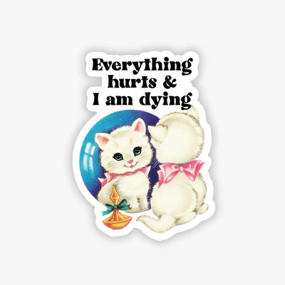 Sticker with a cartoon cat and text 'Everything hurts & I am dying' on a white background