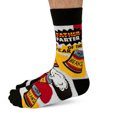 Sock with 'Father Farther of the Year' and 'Beans' text and graphics on a white background