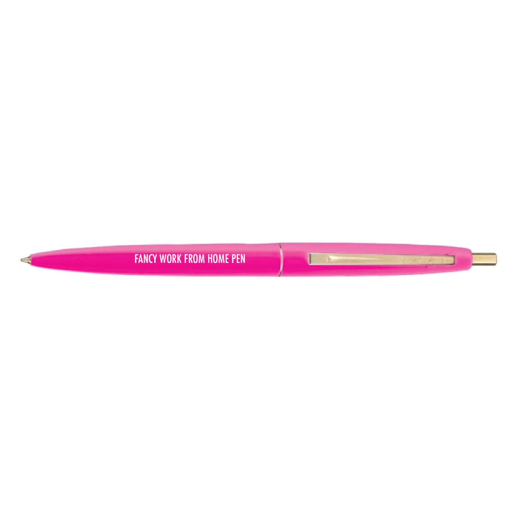 Pink pen with 'Fancy Work From Home Pen' text on a white background