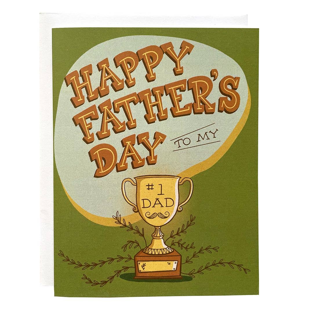 Father's Day card with trophy and 'Happy Father's Day to my #1 Dad' text on a green background