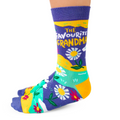 Colorful sock with floral design and 'The Favourite Grandma' text on a white background