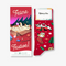 A pair of red socks with a festive cat design, packaged with a card. The socks feature cats playing with Christmas decorations, and the card has the text 