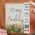 Birthday card with plantable seeds and QR code on a blurred background