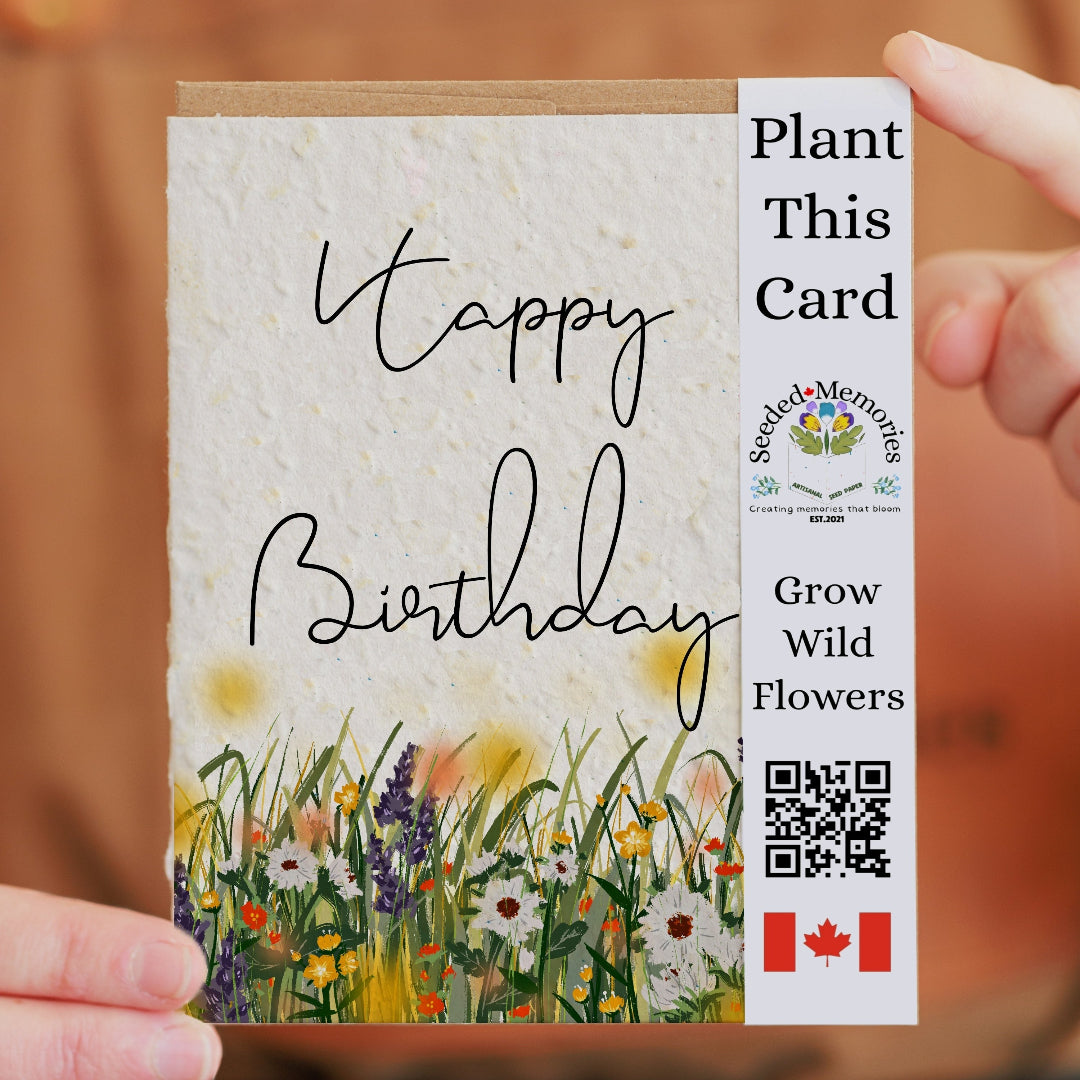 Birthday card with plantable seeds and QR code on a blurred background