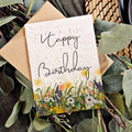 Birthday card with floral design and 'Happy Birthday' text, surrounded by greenery.