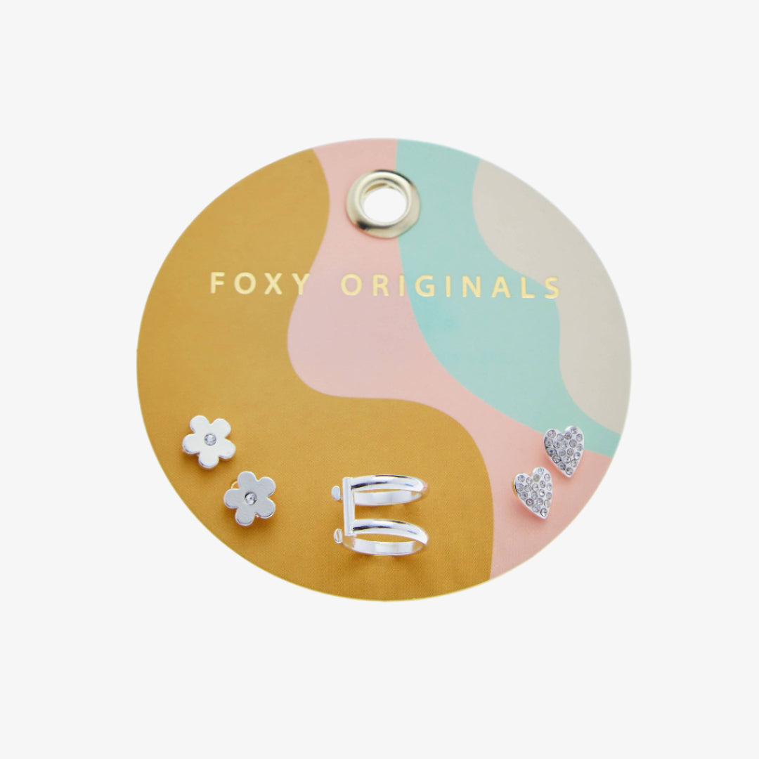 Jewelry set on a colorful 'Foxy Originals' card with earrings and a ring.