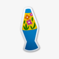 Decorative sticker of a blue and yellow lava lamp with flowers on a white background