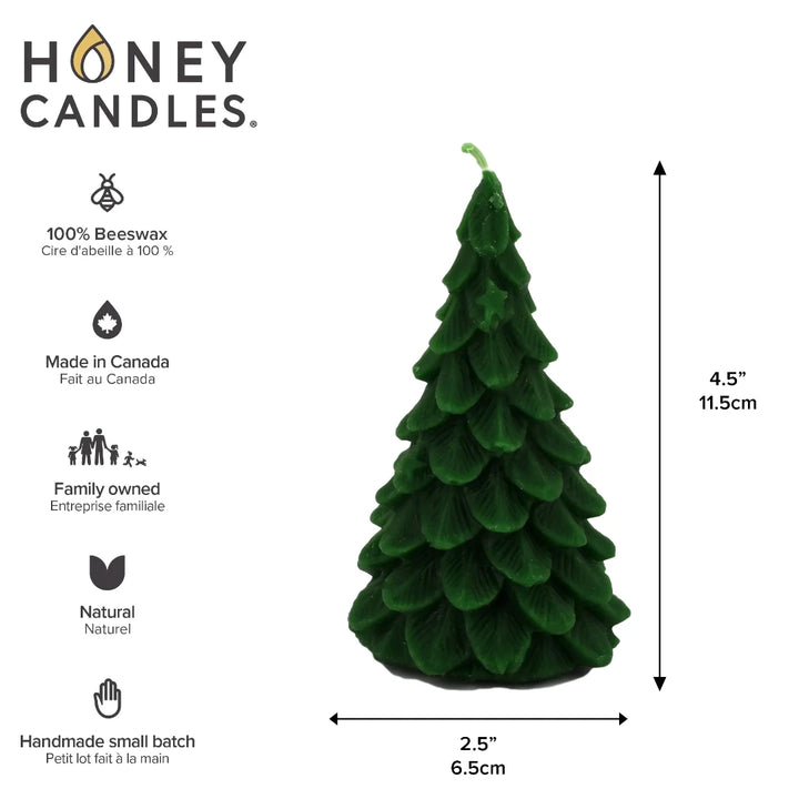 A green, beeswax candle shaped like a Christmas tree. The candle has detailed branches and a pointed top.