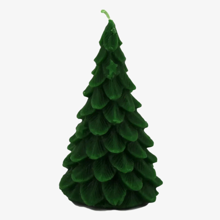 A green, beeswax candle shaped like a Christmas tree. The candle has detailed branches and a pointed top.