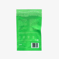Green packaging with text and a barcode on a black background