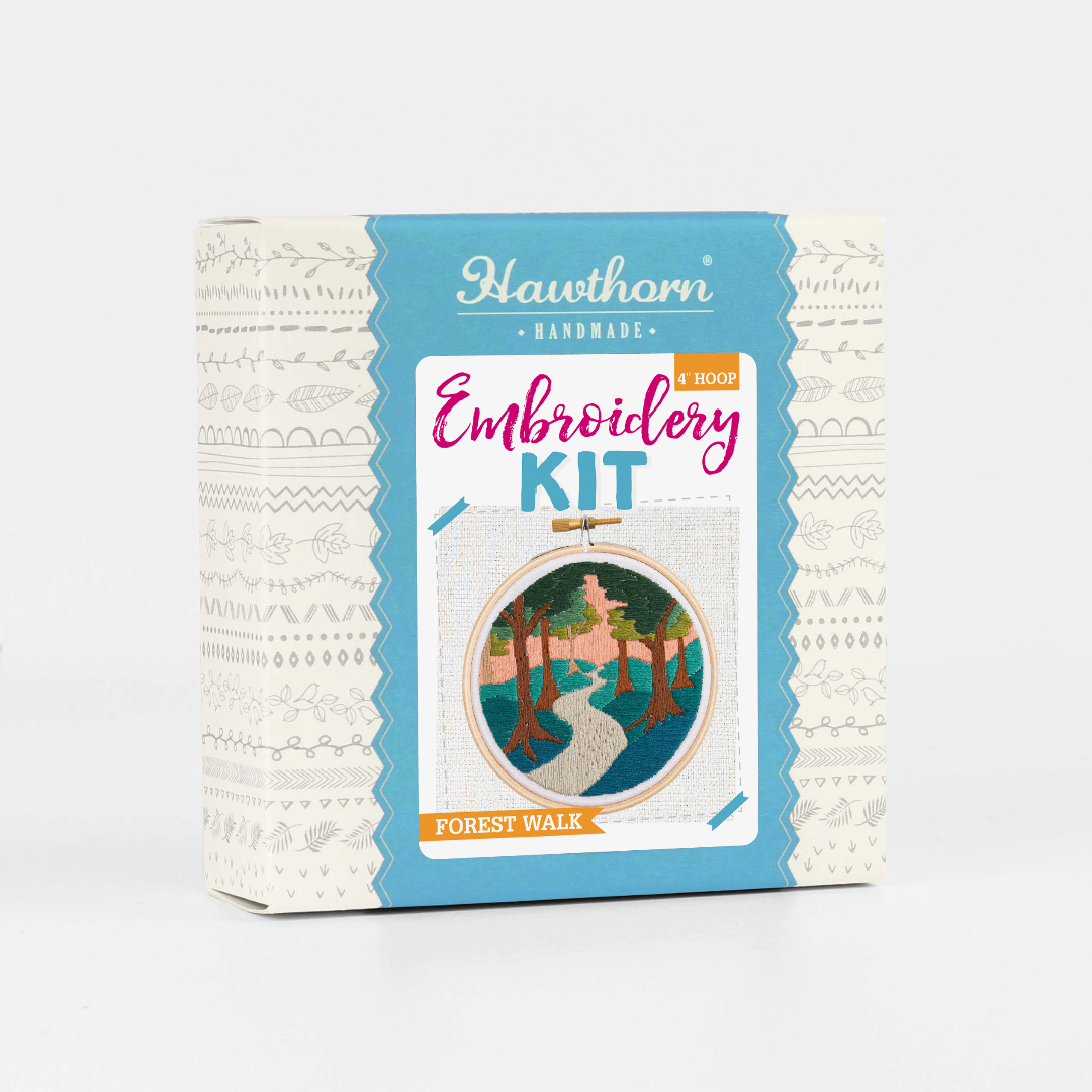 Embroidery kit packaging with 'Hawthorn Handmade' branding on a white background
