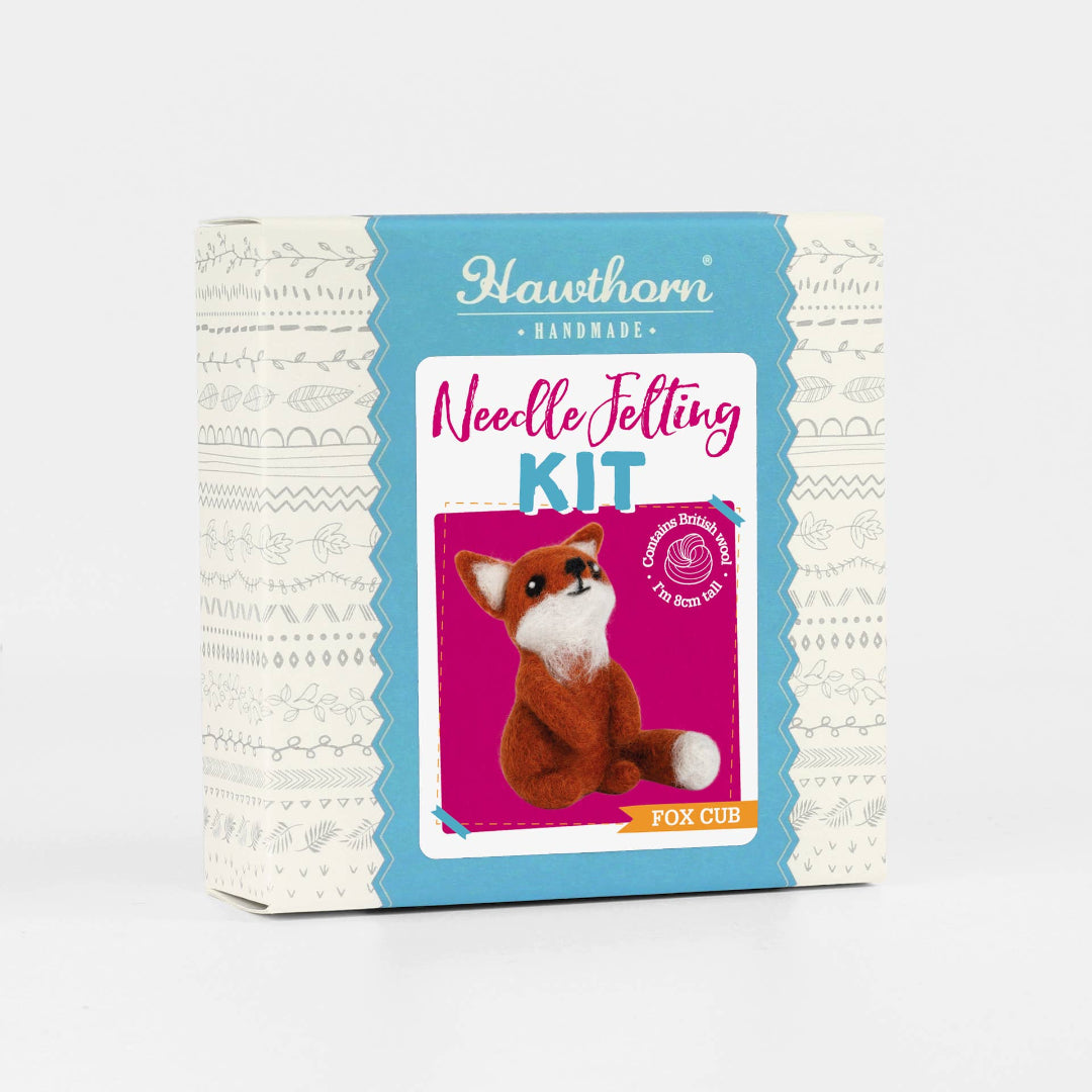 Hawthorn Handmade needle felting kit packaging with a fox cub illustration on a white background