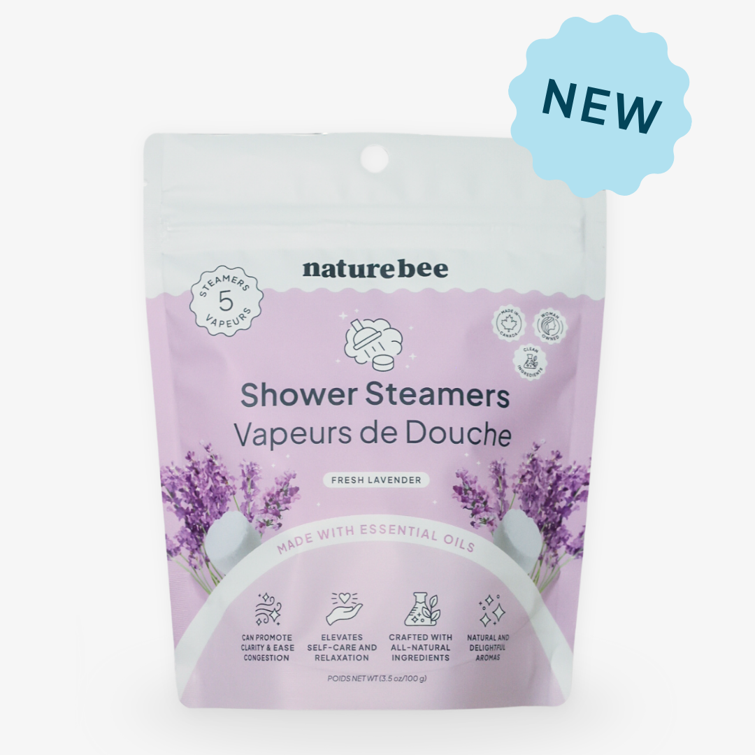 Package of naturebee shower steamers with lavender design on a white background