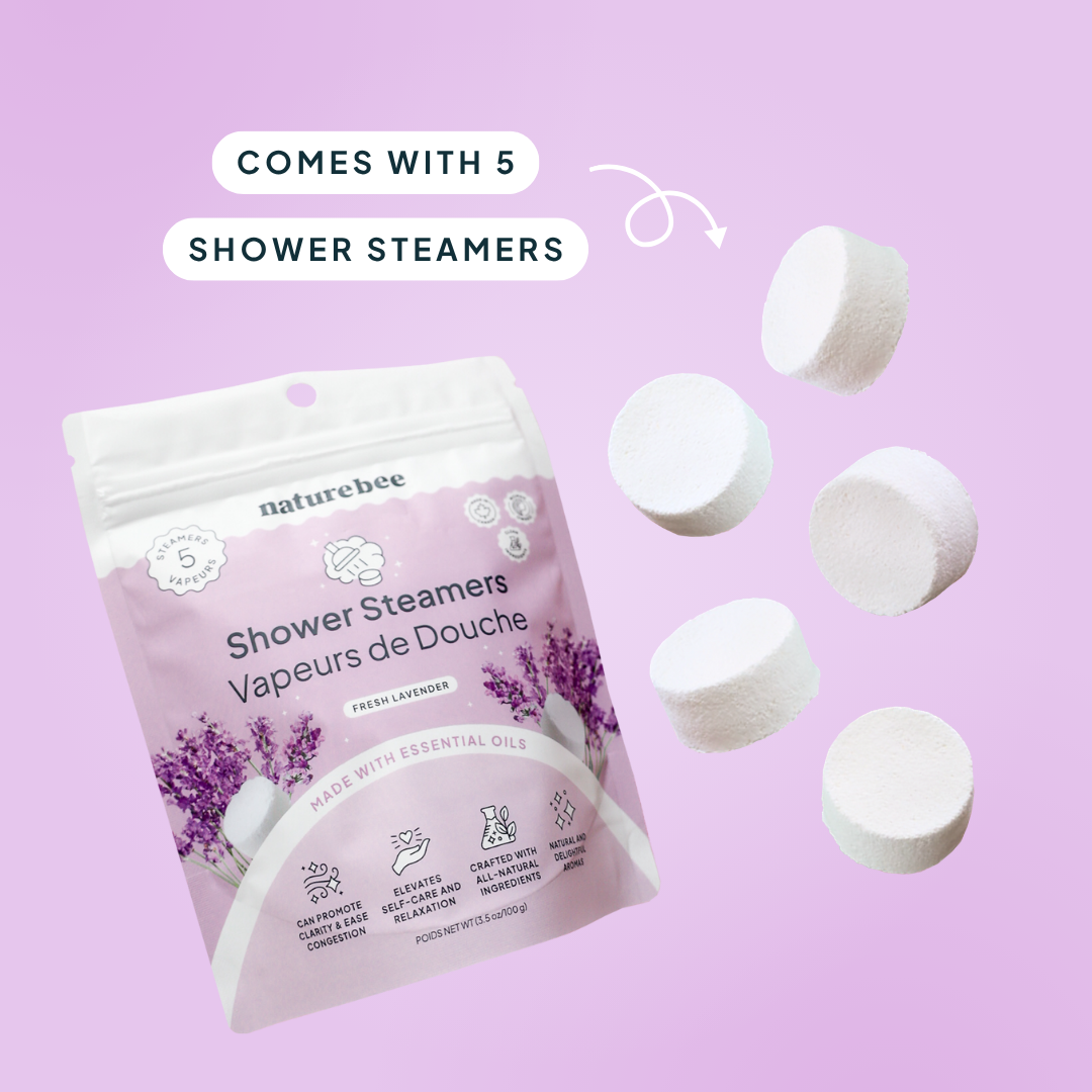 Pack of shower steamers with lavender design on a pink background