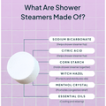 Infographic on shower steamers with ingredients listed on a purple grid background