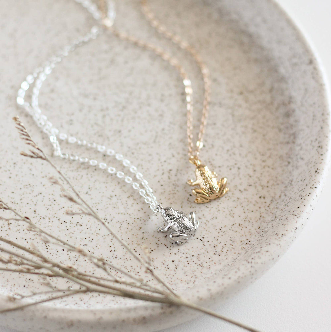 Two necklaces, one silver and one gold, on a textured ceramic plate with dried branches.