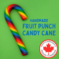Handmade fruit punch candy cane with Volio's Confections logo on a green background