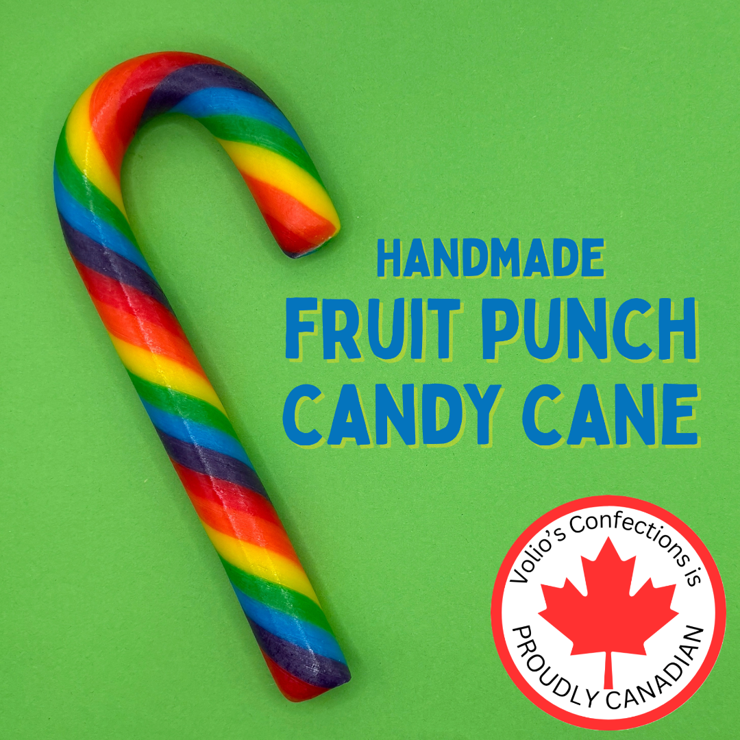 Handmade fruit punch candy cane with Volio's Confections logo on a green background