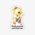 Sticker with a cartoon duck playing drums and text on a white background