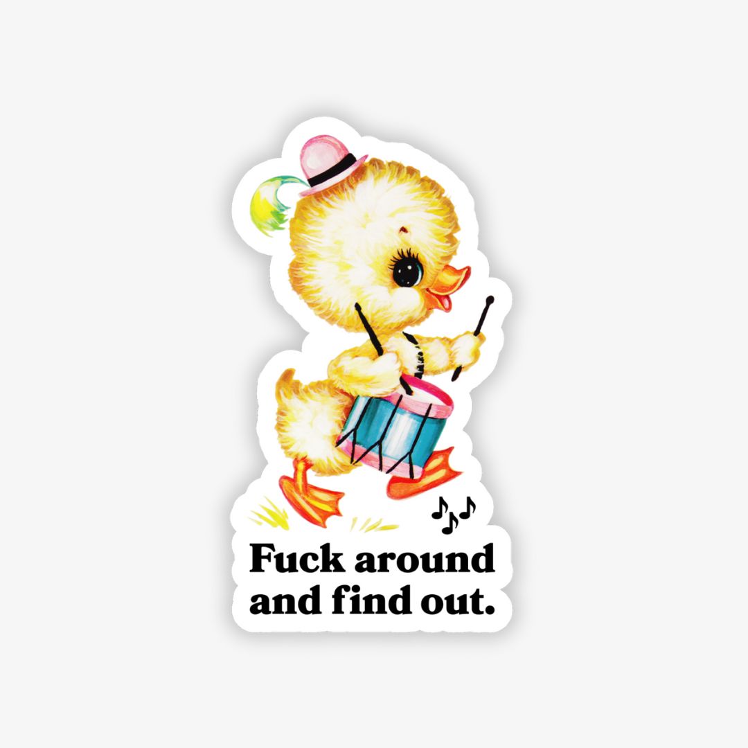 Sticker with a cartoon duck playing drums and text on a white background