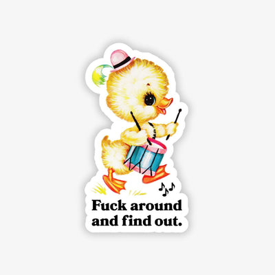 Sticker with a cartoon duck playing drums and text on a white background