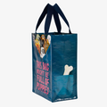 A reusable tote bag with a playful design. The bag is a dark blue color with navy handles. It features a graphic of several puppies peeking out from the top of the bag, with the text "THIS BAG MIGHT BE FULL OF PUPPIES" printed below in pink.