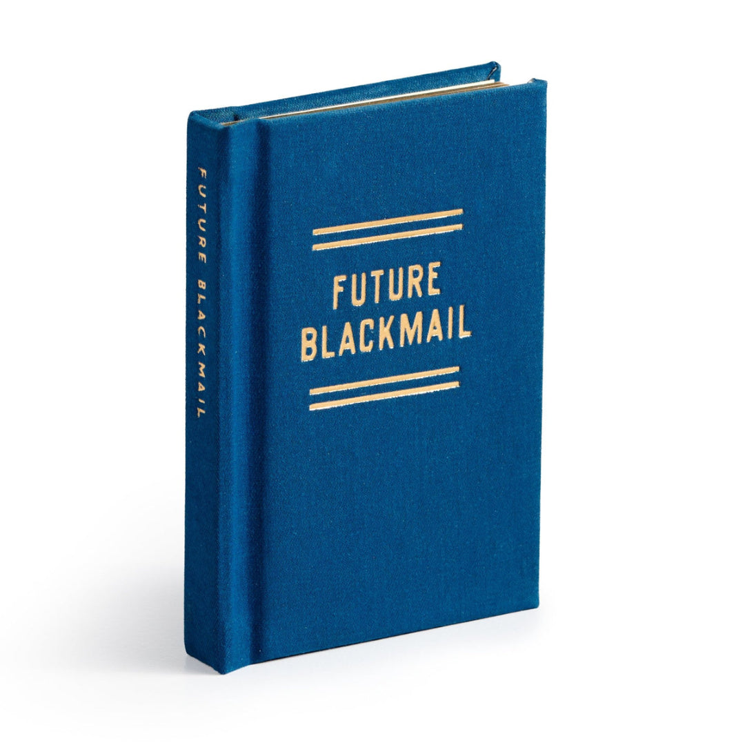 Blue book titled 'Future Blackmail' on a white background