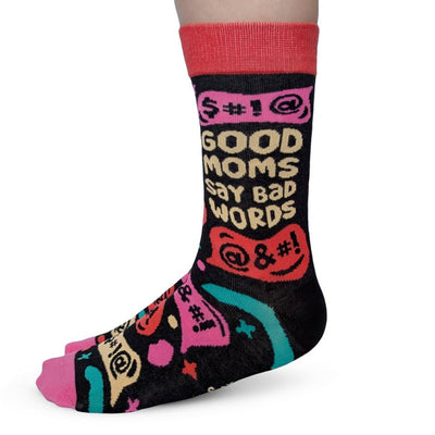 Sock with colorful text and symbols on a white background