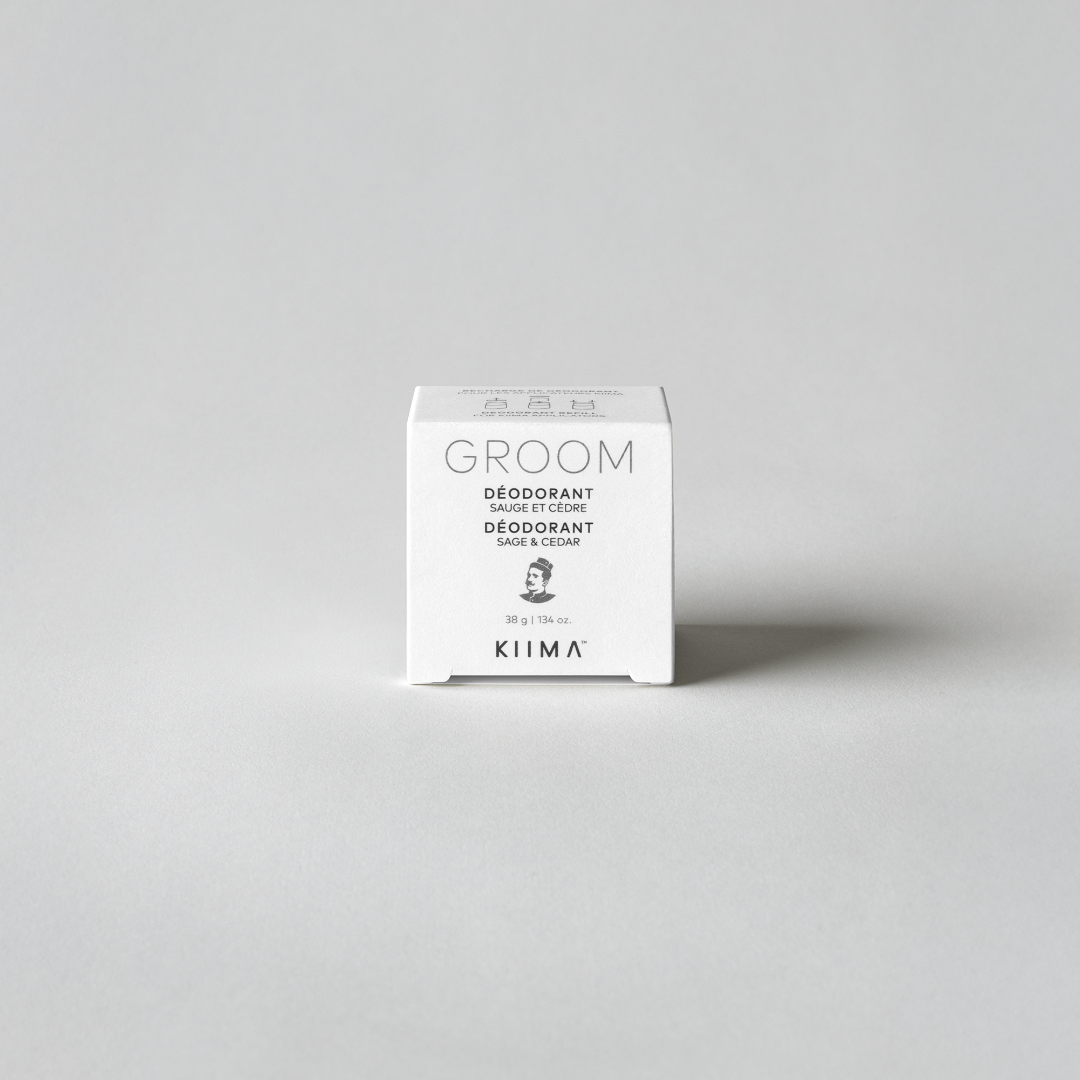 Kiioma Groom deodorant packaging on a light gray background
