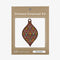 A wooden ornament shaped like a teardrop. The ornament is decorated with colorful embroidery stitches in a geometric diamond pattern.