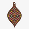 A wooden ornament shaped like a teardrop. The ornament is decorated with colorful embroidery stitches in a geometric diamond pattern.