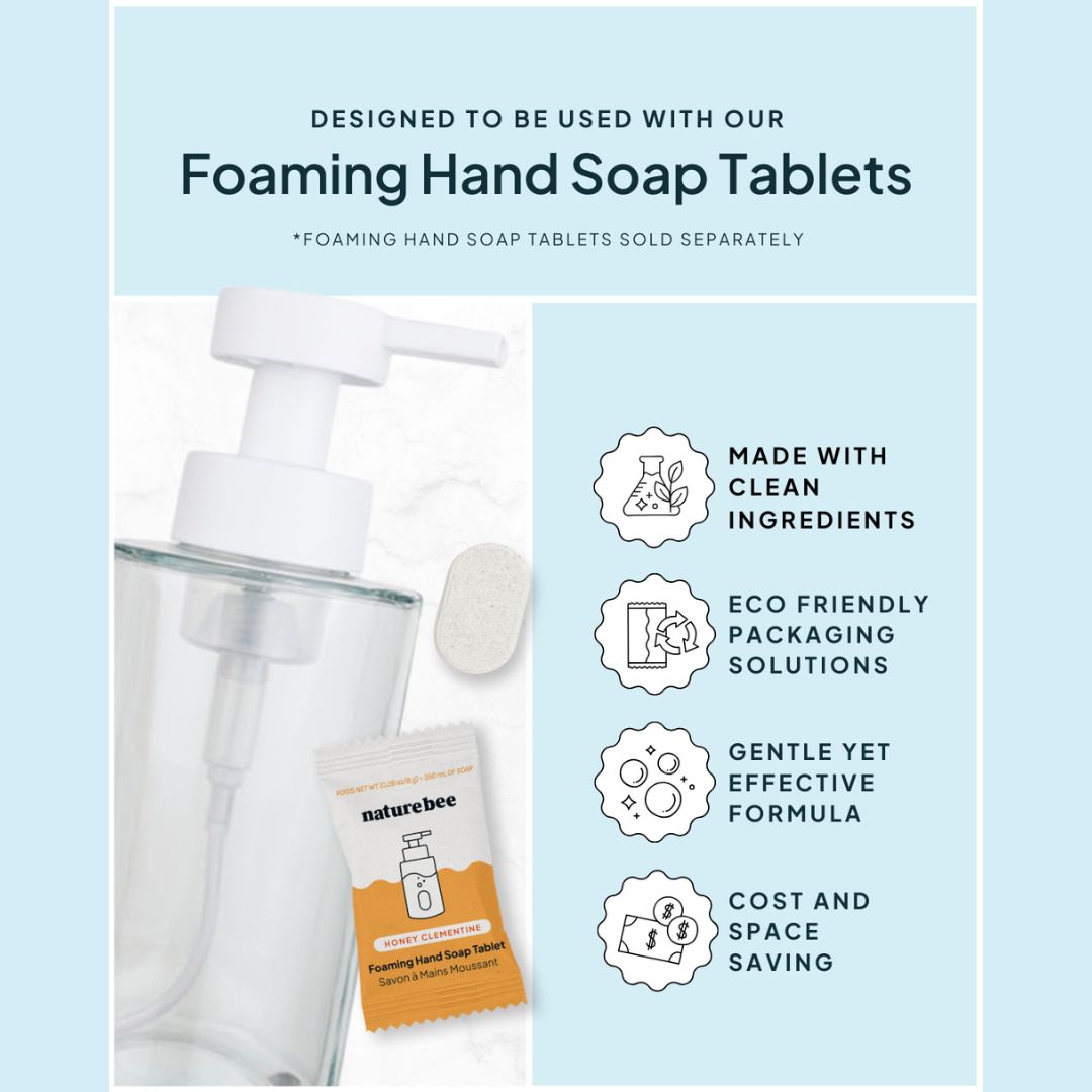 Foaming hand soap tablets packaging with text on a light blue background