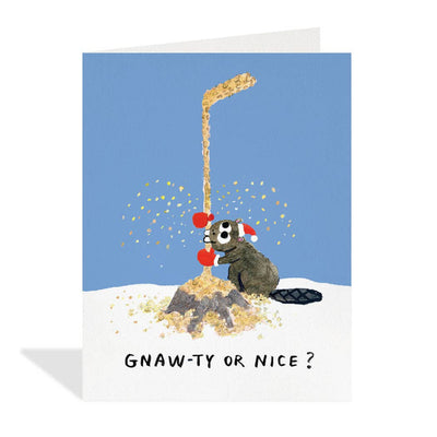 Greeting card with a cartoon beaver under a Christmas tree, asking 'Gnaw-ty or Nice?' on a blue background.