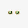 A set of three pairs of peridot earrings displayed on a green card. The set includes a pair of stud earrings, a pair of bar earrings with small peridot beads, and a pair of hoop earrings with dangling peridot stones. The card has the month "August" and the brand name "Foxy Originals."