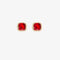 A set of three pairs of ruby earrings displayed on a red card. The set includes a pair of stud earrings, a pair of bar earrings with small ruby beads, and a pair of hoop earrings with dangling ruby stones. The card has the month 