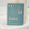 A set of three pairs of pearl earrings displayed on a blue card. The set includes a pair of stud earrings, a pair of bar earrings with small pearl beads, and a pair of hoop earrings with dangling pearl stones. The card has the month 
