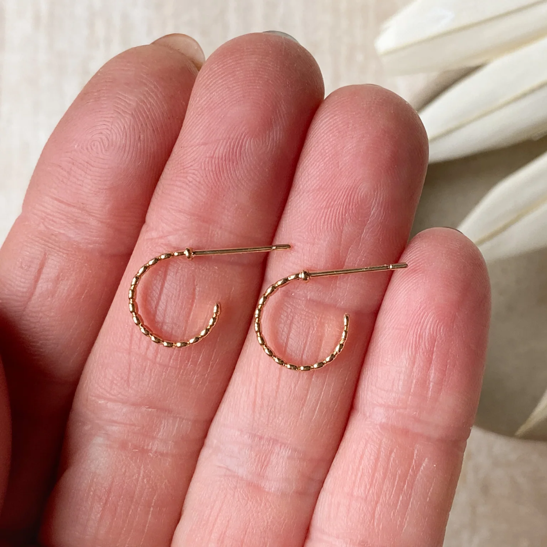 A pair of Agaveh Girl Delia Gold Plated Brass Hoops, featuring a textured, dotted design, displayed on a textured stone surface with dried floral accents. The earrings are dainty and gold, available in Ottawa, Ontario, Canada.
