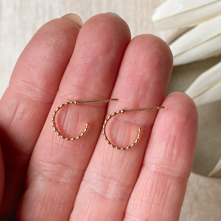 A pair of Agaveh Girl Delia Gold Plated Brass Hoops, featuring a textured, dotted design, displayed on a textured stone surface with dried floral accents. The earrings are dainty and gold, available in Ottawa, Ontario, Canada.