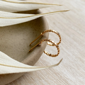 A pair of Agaveh Girl Delia Gold Plated Brass Hoops, featuring a textured, dotted design, displayed on a textured stone surface with dried floral accents. The earrings are dainty and gold, available in Ottawa, Ontario, Canada.