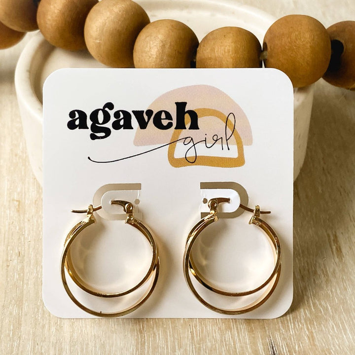 A pair of gold, double-layered hoop earrings.