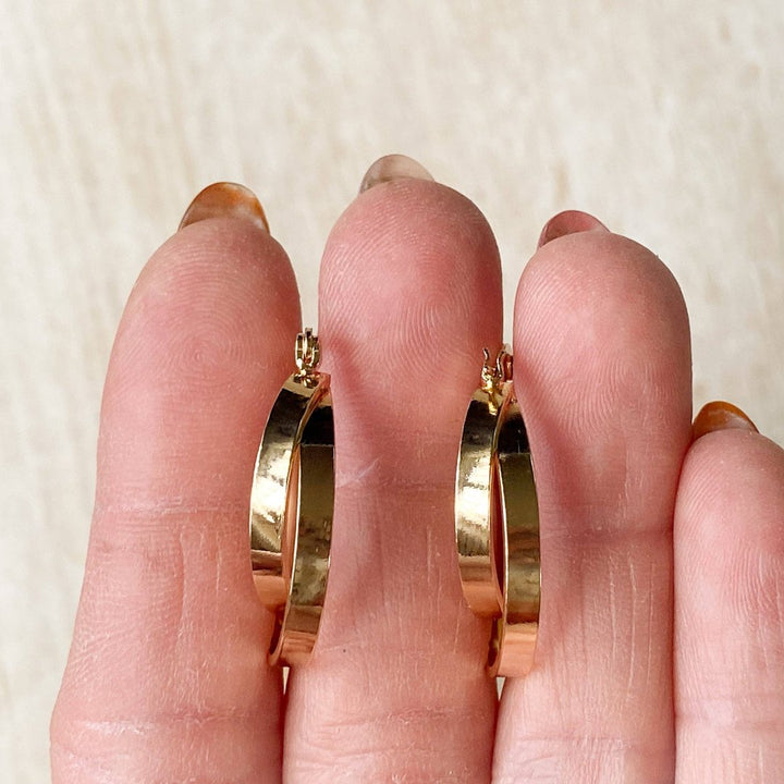 A pair of gold, double-layered hoop earrings.